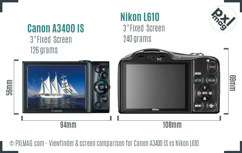 Canon A3400 IS vs Nikon L610 Screen and Viewfinder comparison