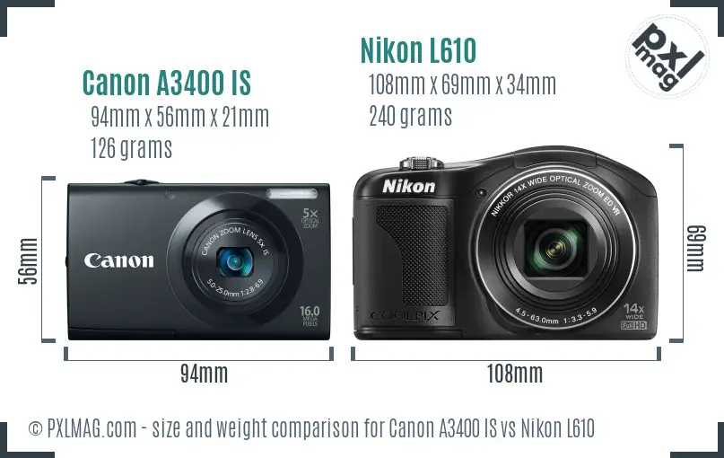 Canon A3400 IS vs Nikon L610 size comparison