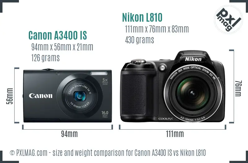 Canon A3400 IS vs Nikon L810 size comparison