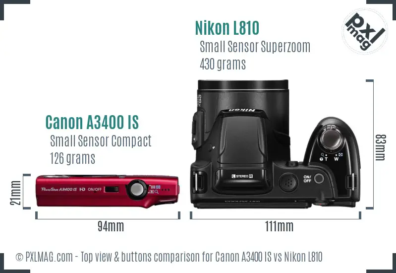 Canon A3400 IS vs Nikon L810 top view buttons comparison