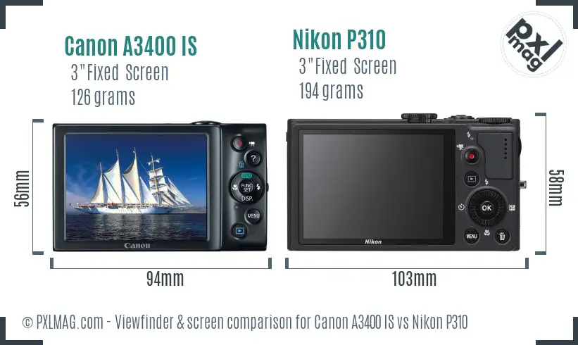 Canon A3400 IS vs Nikon P310 Screen and Viewfinder comparison Canon A3400 IS vs Nikon P310 Screen and Viewfinder comparison