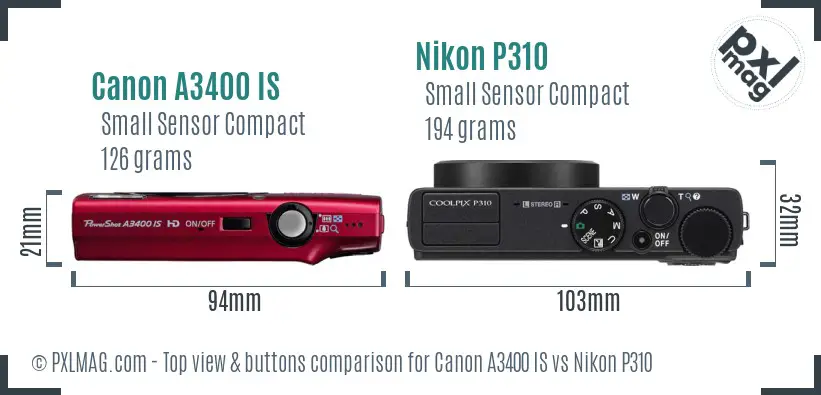 Canon A3400 IS vs Nikon P310 top view buttons comparison Canon A3400 IS vs Nikon P310 top view buttons comparison