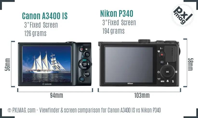 Canon A3400 IS vs Nikon P340 Screen and Viewfinder comparison