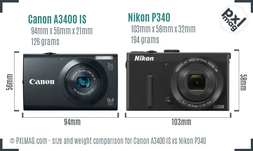 Canon A3400 IS vs Nikon P340 size comparison