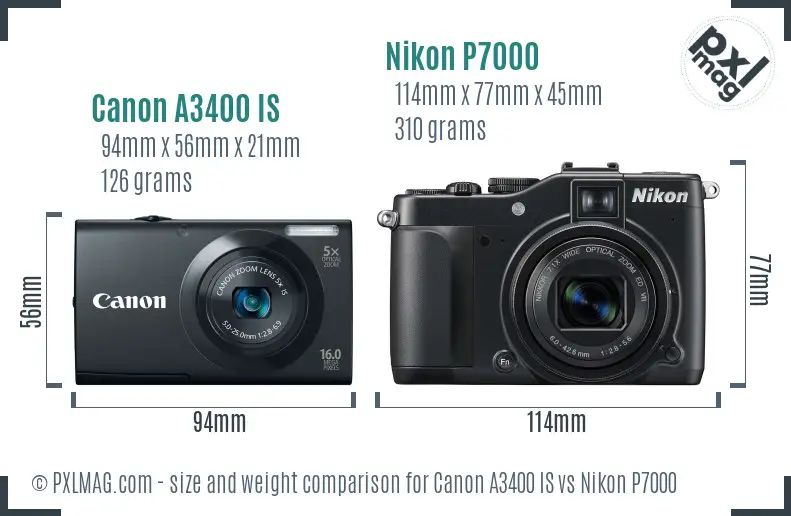 Canon A3400 IS vs Nikon P7000 size comparison