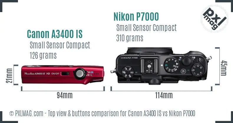 Canon A3400 IS vs Nikon P7000 top view buttons comparison