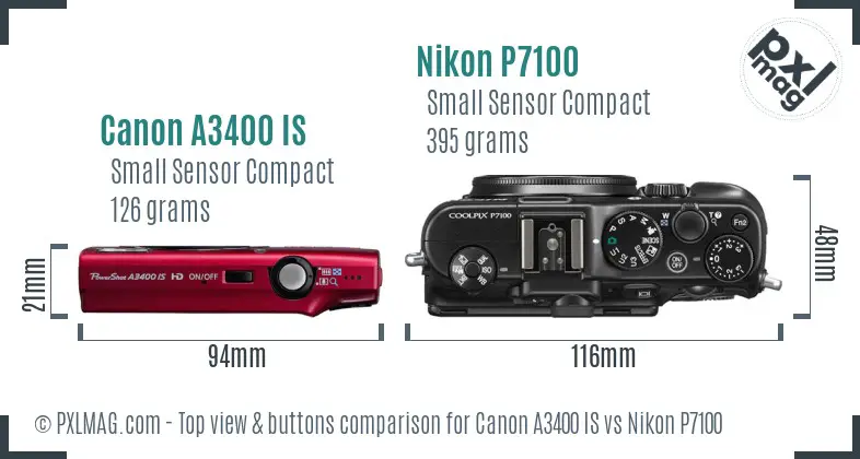 Canon A3400 IS vs Nikon P7100 top view buttons comparison