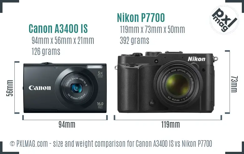 Canon A3400 IS vs Nikon P7700 size comparison