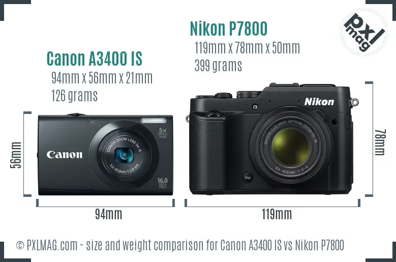 Canon A3400 IS vs Nikon P7800 size comparison