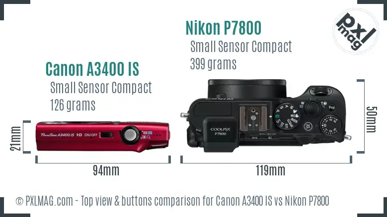 Canon A3400 IS vs Nikon P7800 top view buttons comparison