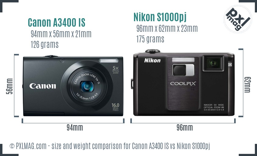 Canon A3400 IS vs Nikon S1000pj size comparison