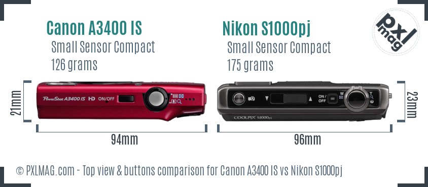 Canon A3400 IS vs Nikon S1000pj top view buttons comparison