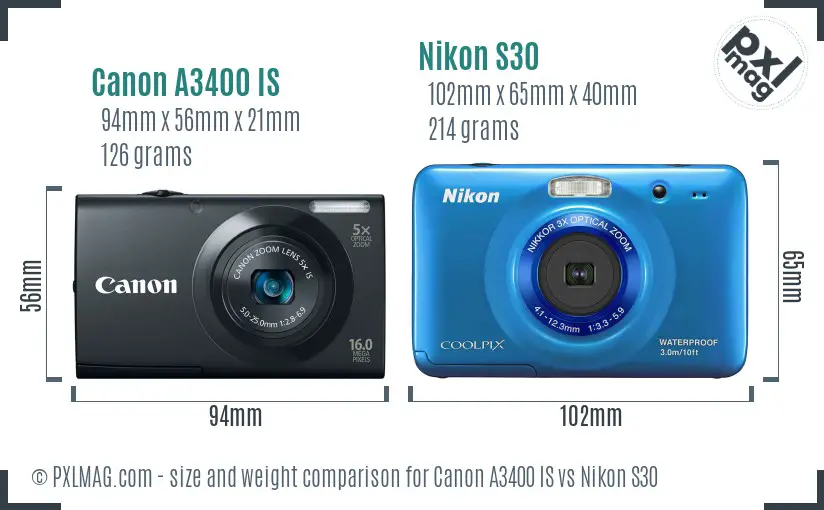 Canon A3400 IS vs Nikon S30 size comparison