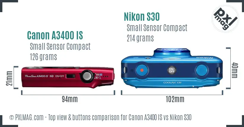 Canon A3400 IS vs Nikon S30 top view buttons comparison