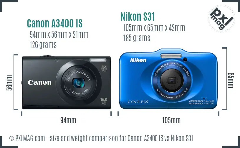 Canon A3400 IS vs Nikon S31 size comparison Canon A3400 IS vs Nikon S31 size comparison
