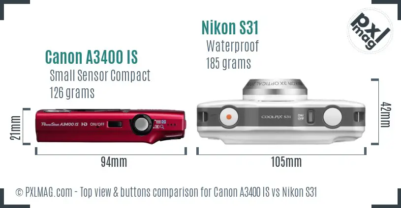 Canon A3400 IS vs Nikon S31 top view buttons comparison Canon A3400 IS vs Nikon S31 top view buttons comparison
