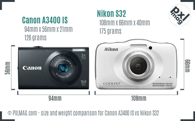 Canon A3400 IS vs Nikon S32 size comparison Canon A3400 IS vs Nikon S32 size comparison