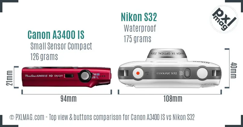 Canon A3400 IS vs Nikon S32 top view buttons comparison Canon A3400 IS vs Nikon S32 top view buttons comparison