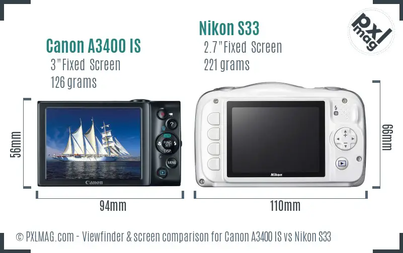 Canon A3400 IS vs Nikon S33 Screen and Viewfinder comparison