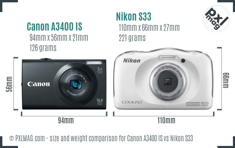 Canon A3400 IS vs Nikon S33 size comparison