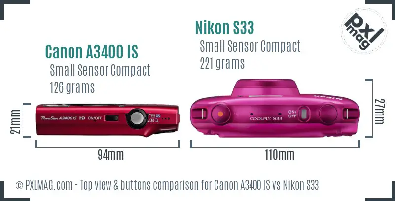 Canon A3400 IS vs Nikon S33 top view buttons comparison