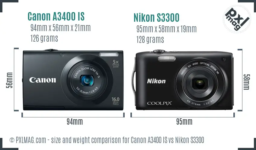 Canon A3400 IS vs Nikon S3300 size comparison