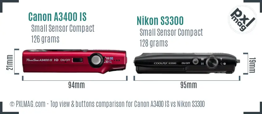 Canon A3400 IS vs Nikon S3300 top view buttons comparison