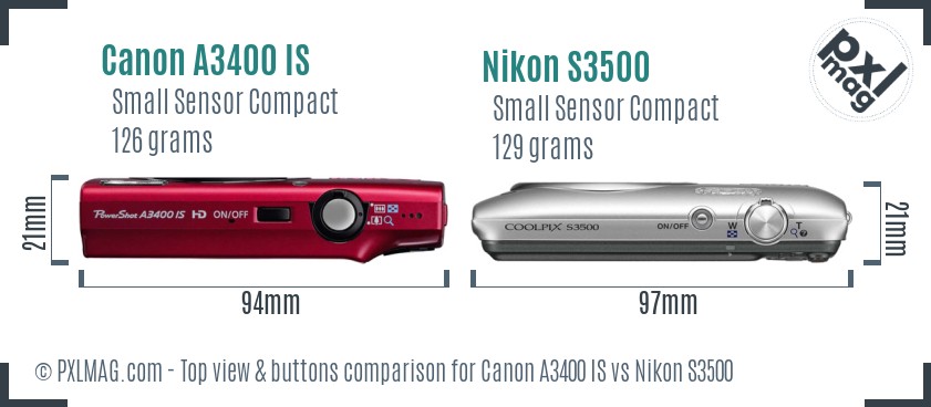 Canon A3400 IS vs Nikon S3500 top view buttons comparison