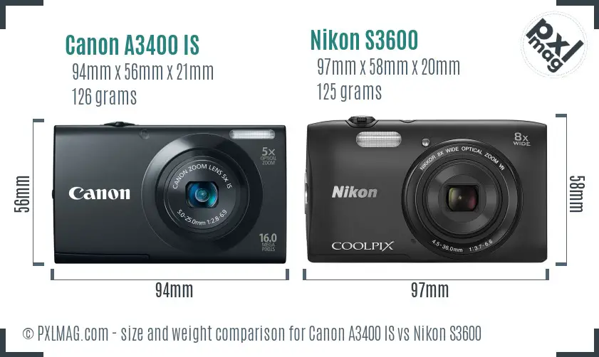 Canon A3400 IS vs Nikon S3600 size comparison