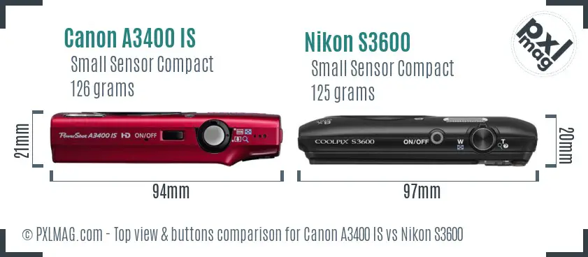 Canon A3400 IS vs Nikon S3600 top view buttons comparison