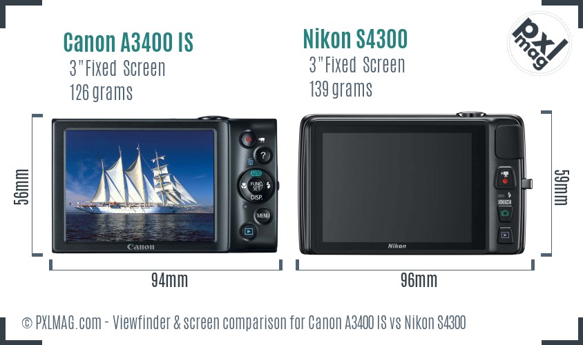 Canon A3400 IS vs Nikon S4300 Screen and Viewfinder comparison