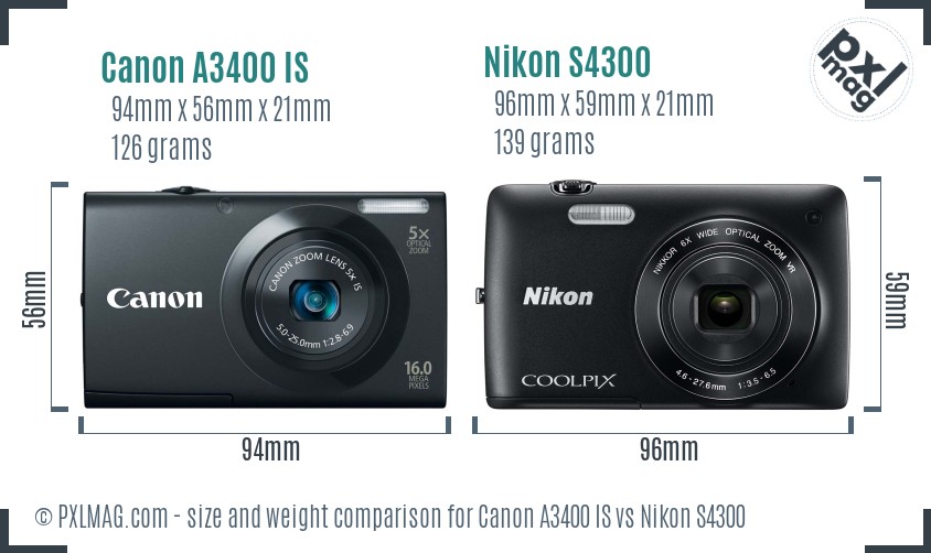 Canon A3400 IS vs Nikon S4300 size comparison Canon A3400 IS vs Nikon S4300 size comparison