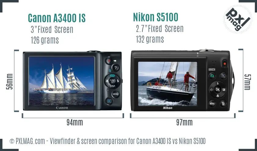 Canon A3400 IS vs Nikon S5100 Screen and Viewfinder comparison