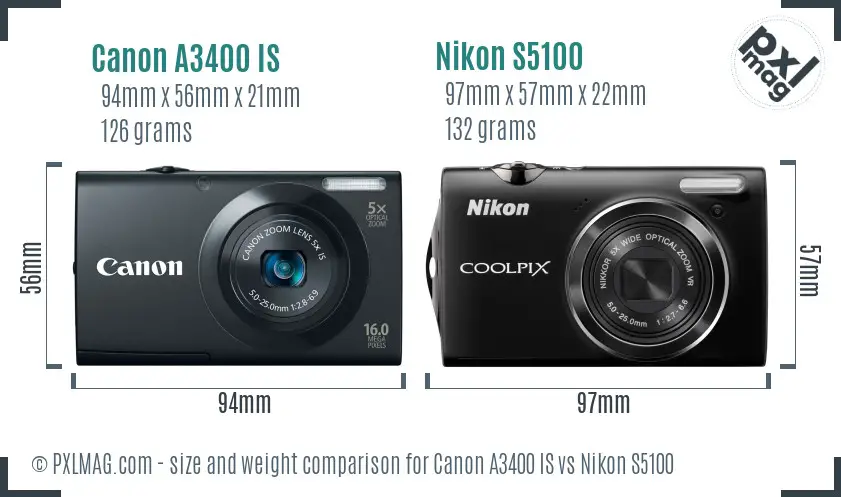 Canon A3400 IS vs Nikon S5100 size comparison