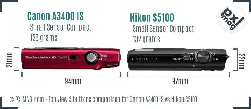 Canon A3400 IS vs Nikon S5100 top view buttons comparison