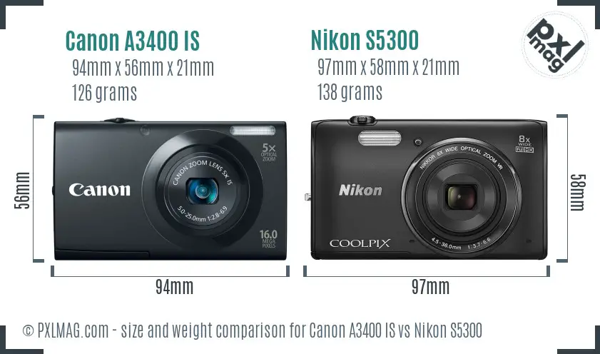 Canon A3400 IS vs Nikon S5300 size comparison