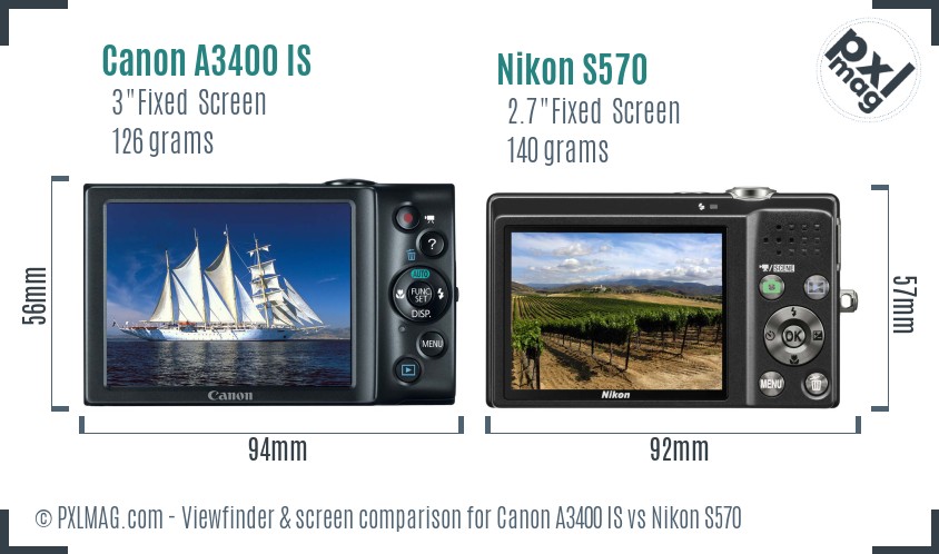 Canon A3400 IS vs Nikon S570 Screen and Viewfinder comparison