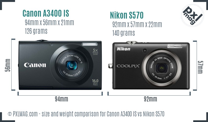 Canon A3400 IS vs Nikon S570 size comparison Canon A3400 IS vs Nikon S570 size comparison
