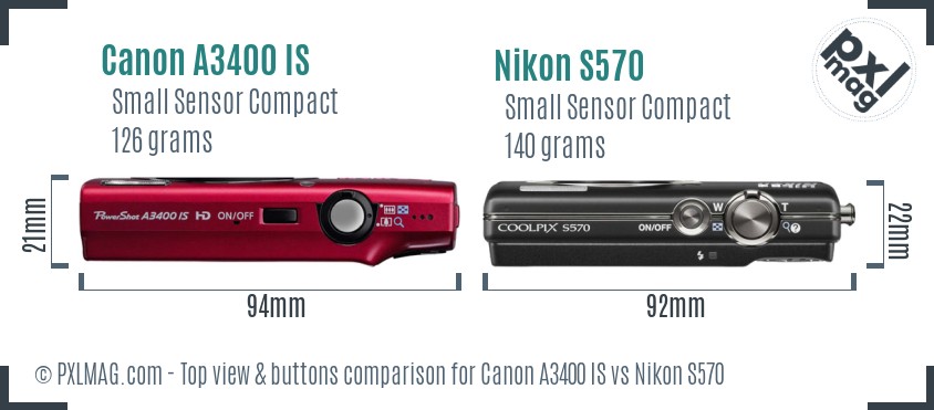 Canon A3400 IS vs Nikon S570 top view buttons comparison