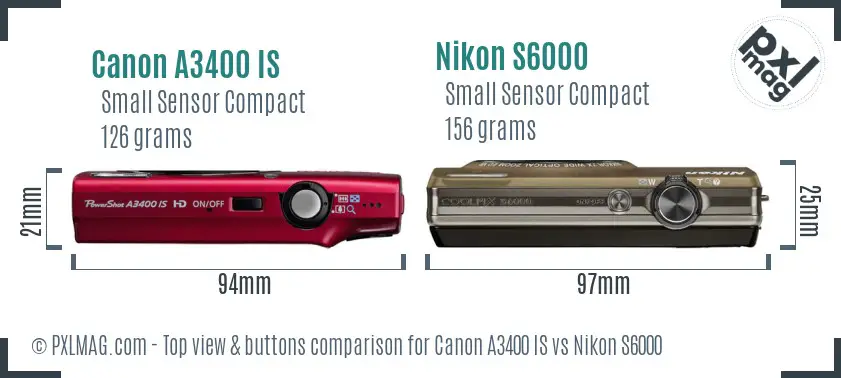 Canon A3400 IS vs Nikon S6000 top view buttons comparison