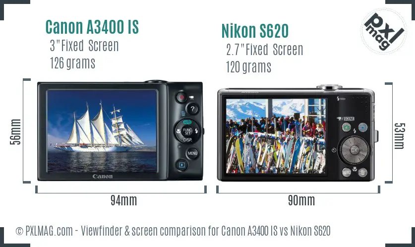 Canon A3400 IS vs Nikon S620 Screen and Viewfinder comparison