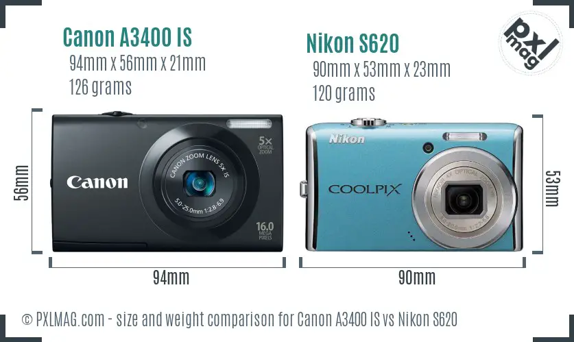 Canon A3400 IS vs Nikon S620 size comparison