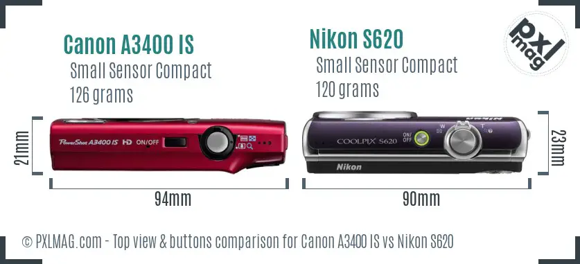 Canon A3400 IS vs Nikon S620 top view buttons comparison