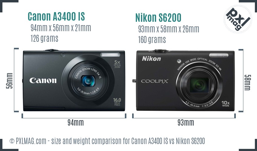 Canon A3400 IS vs Nikon S6200 size comparison Canon A3400 IS vs Nikon S6200 size comparison