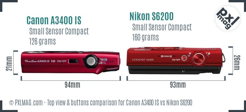 Canon A3400 IS vs Nikon S6200 top view buttons comparison