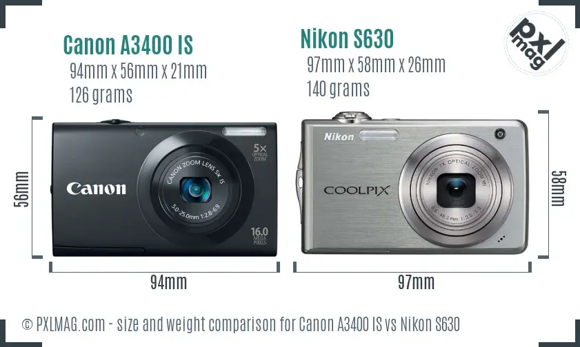 Canon A3400 IS vs Nikon S630 size comparison Canon A3400 IS vs Nikon S630 size comparison