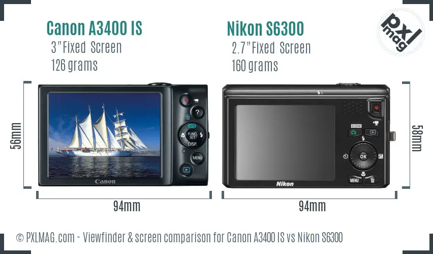 Canon A3400 IS vs Nikon S6300 Screen and Viewfinder comparison
