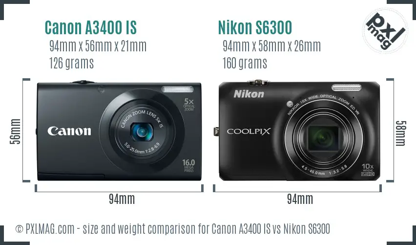Canon A3400 IS vs Nikon S6300 size comparison
