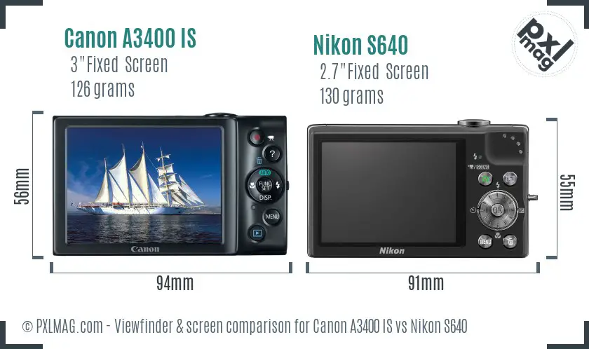 Canon A3400 IS vs Nikon S640 Screen and Viewfinder comparison