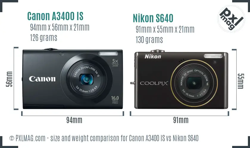 Canon A3400 IS vs Nikon S640 size comparison